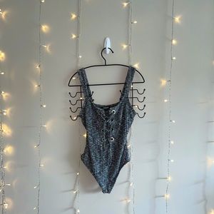 EXPRESS- Lace-Up, Rib-Knit, Thong Bodysuit